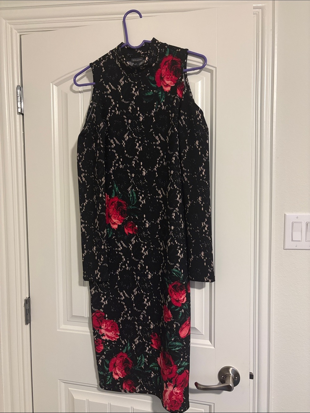 BOLD elements Black Lace-Print Cold-Shoulder Dress with Red Rose Accents